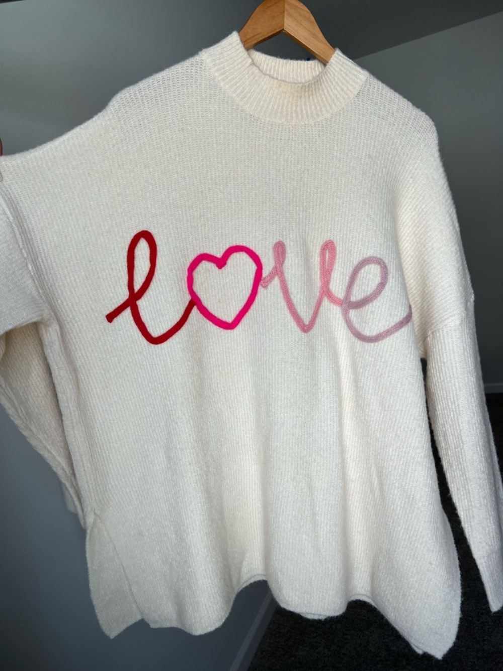 Cream 'Love' Pullover Sweater with Pink and Red Script